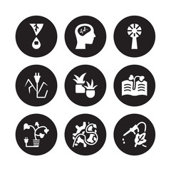 9 vector icon set : Environment, Ecologism, Eco light, eco Paper, Plant, Turbine, Plug, Industry isolated on black background