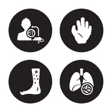 4 Vector Icon Set : Laryngitis, Kuru, Kwashiorkor, Kidney Stone Disease Isolated On Black Background