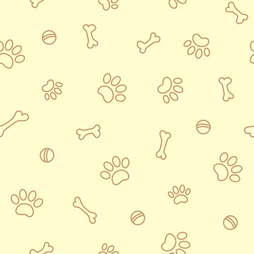 Paw prints and bones on a light yellow background seamless pattern wallpaper.