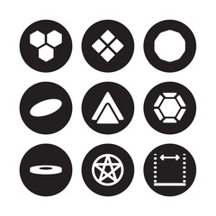 9 vector icon set : Hexagon, Geometry, Disk, Dodecahedron, Double hexagon of small triangles, Ennegon, Ellipse, pentagrammic isolated on black background