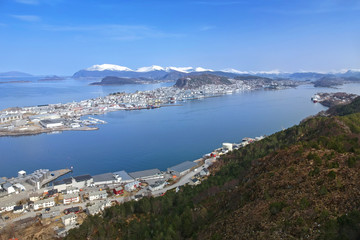 Beautiful scenery of west Norway coastline from the Sukkertoppen hill