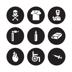 9 vector icon set : Tablets, Syrup, Sphygmomanometer, Stethoscope, Stretcher, Syringe, Surgery, Spermatozoon isolated on black background