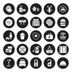 25 vector icon set : Meat, Do not disturb, Door hanger, Double bed, Eating utensils, Hamburger, Fried chicken, Extinguisher, Food, Hotel, Lounge, Luggage isolated on black background.