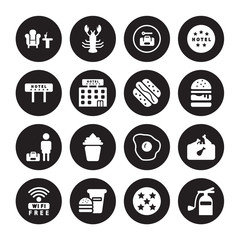 16 vector icon set : Lounge, Five stars, Food, Free wifi, Fried chicken, Extinguisher, Hotel, Guest, Hot dog isolated on black background