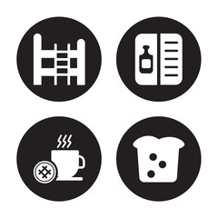 4 vector icon set : Bunk bed, Breakfast, Wine menu, Bread isolated on black background