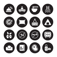 Fototapeta premium 16 vector icon set : Reception bell, Meat, Minibar, Napkins, Nightstand, Luggage, Pizza, Olives, Open isolated on black background