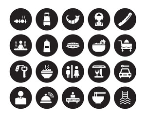 20 vector icon set : Skewer, Ramen, Reception, Reception bell, Receptionist, Sausage, Salad, Restroom, Room key, Sauces, Shrimp isolated on black background