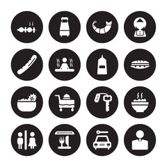 16 vector icon set : Skewer, Rent a car, Reservation, Restroom, Rice, Receptionist, Sausage, Salad, Sauces isolated on black background