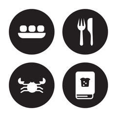 4 vector icon set : Dim sum, Crab, Cutlery, Cookbook isolated on black background