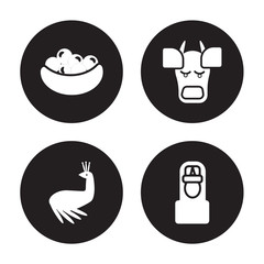 Obraz premium 4 vector icon set : Laddu, Peacock, indian Cow, Vishnu isolated on black background