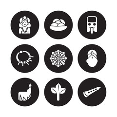 9 vector icon set : Alamelu, Kanji vadas, Dipa, Bindi, Mandala, Tuk tuk, Devi, Bael tree isolated on black background