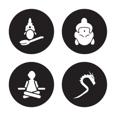 4 vector icon set : Saraswati, Guru, Krishna, Kali isolated on black background