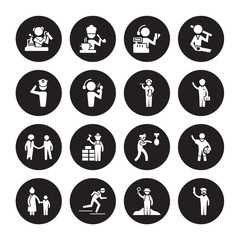 16 vector icon set : Chemist, Archeologist, athlete, Baby sitter, Basketball player, Actor, captain, HR Specialist, Butler isolated on black background