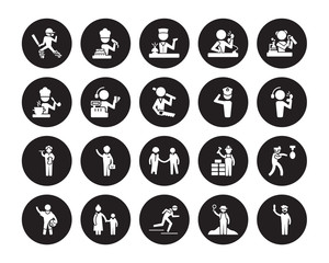 20 vector icon set : Cricket player, Archeologist, athlete, Baby sitter, Basketball Chemist, captain, HR Specialist, Butler, Cashier, Concierge isolated on black background