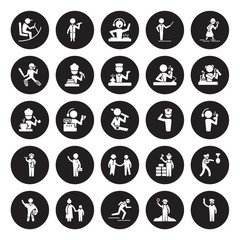 25 vector icon set : Driver, Archeologist, athlete, Baby sitter, Basketball player, Chemist, captain, HR Specialist, Butler, Cricket dj, Doctor isolated on black background.