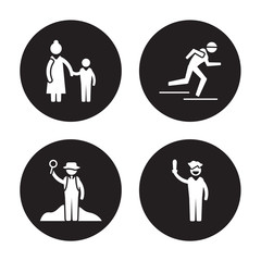 4 vector icon set : Baby sitter, Archeologist, athlete, Actor isolated on black background