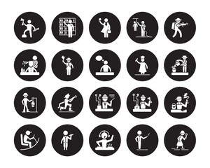 20 vector icon set : Lumberjack, Director, dj, Doctor, Driver, Hunter, Graduated, Engineer, Fisherman, Guide, Lawyer isolated on black background