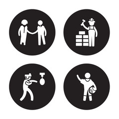 4 vector icon set : HR Specialist, Boxer, Builder, Basketball player isolated on black background