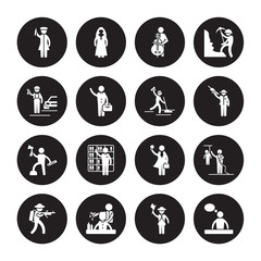 16 vector icon set : Nurse, Guide, Hairdresser, Hunter, journalist, Graphic de, Mechanic, Lumberjack, Maid isolated on black background