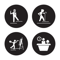 4 vector icon set : Photographer, Painter, Pensioner, Office worker isolated on black background