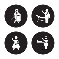 4 vector icon set : Swat, Superhero, Surgeon, stewardess isolated on black background