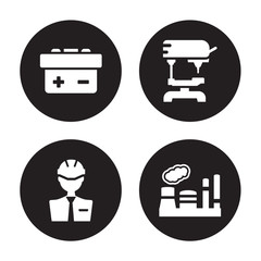 4 vector icon set : industrial Battery, Engineer, Drill, Industry isolated on black background