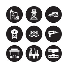 9 vector icon set : Oilfield, Derrick, Fuel station, Drilling machine, Train cargo, truck, Water tank, Oil industry isolated on black background