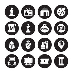 16 vector icon set : Bust, museum Ticket, Canvas, Exhibition, Map, antique Column, paper Scroll, roman or greek Helmet, Open isolated on black background
