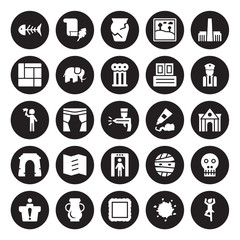 25 vector icon set : Fishbone, Ink, Frame, Ceramic, Information desk, Security guard, Acrylic, Metal detector, Arc, Mondrian, Ancient jar, Papyrus isolated on black background.