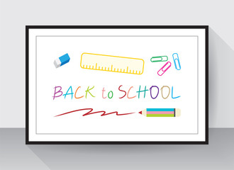 Back to school brush font design. Hand writing vector. Typography element graphic. Colorful alphabet draw poster, handwriting in frame template gray wall. Student icon pencil, eraser, ruler and clip.