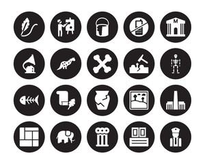 20 vector icon set : Quill, Archivist, Ancient, Mammoth, Mondrian, Museum, Geological, Ancient jar, Fishbone, Dinosaur, Paint isolated on black background