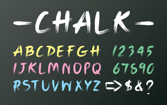 White chalk font design on black board, yellow uppercase alphabet handwriting, pink letter hand draw, blue typography English text, green number arrow writing on chalkboard.