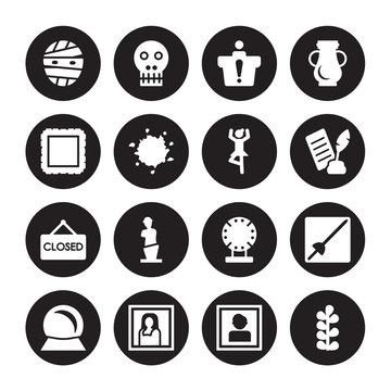 16 vector icon set : Mummy, Portrait, Gioconda, Souvenir, museum Fencing, Botanical, Frame, Closed, Ballet isolated on black background