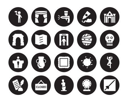 20 vector icon set : Excursion, Porcelain, Venus de milo, Closed, Poetry, Museum building, Mummy, Frame, Information desk, Trifold, Airbrush isolated on black background