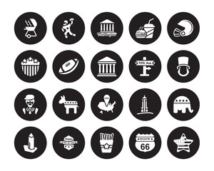 20 vector icon set : Bbq, Route 66, French fries, 4th of july, Washington monument, Rugby helmet, Fifth avenue, Usa, Rapper, ball, isolated on black background