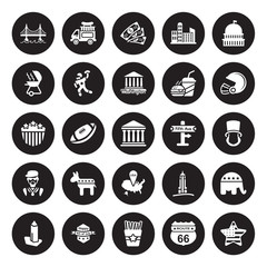 25 vector icon set : Golden gate, Route 66, French fries, 4th of july, Washington monument, Rugby helmet, Fifth avenue, Usa, Rapper, Bbq, Dollar, Food truck isolated on black background.