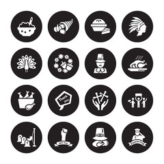 16 vector icon set : Porridge, Thanksgiving Day, Martin Luther King Memorial crowd March, Veterans peacock, Turkey Leg, Pilgrim isolated on black background