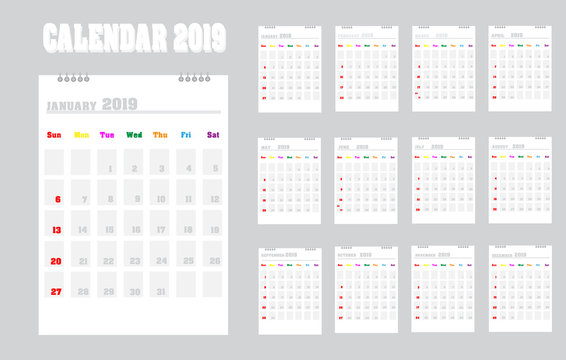 Vector calendar template design 2019 .Vector illustration