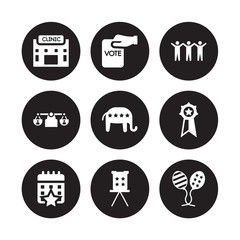 9 vector icon set : Health clinic, Hand holding vote paper, Election event on a calendar with star, Elections badge Elephant republican, Freedom isolated black background