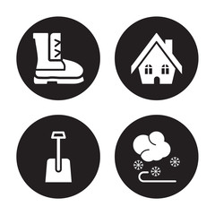 4 vector icon set : winter Boots, Shovel, Cabin, Winter isolated on black background