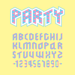 Colorful uppercase geometric party font design, cyan magenta polygon English alphabet on yellow background, delta graphic capital typography, pastel triangle character and number.