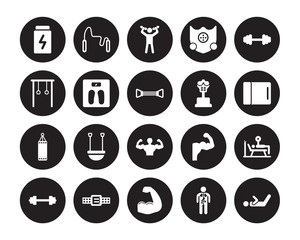 20 vector icon set : Fitness, Anatomy, Arm, Athletic Strap, Barbell, Dumbbell, Boxing Mannequin, Bodybuilder, bag, Diet, Exercise isolated on black background