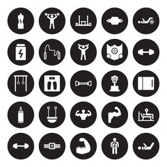 25 vector icon set : fitness Drink, Anatomy, Arm, Athletic Strap, Barbell, Dumbbell, Boxing Mannequin, Bodybuilder, bag, Fitness, Fitness bench, Body isolated on black background.