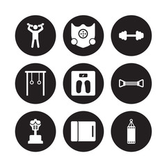 9 vector icon set : Exercise, Elevation mask, Boxing Mannequin, Chest expander, Diet, Dumbbell, Gymnastic Rings, Yoga mat isolated on black background
