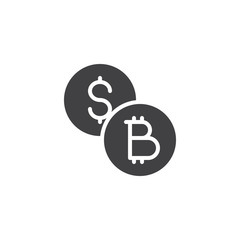 Dollar and bitcoin coins vector icon. filled flat sign for mobile concept and web design. Bitcoin and dollar money exchange simple solid icon. Symbol, logo illustration. Pixel perfect vector graphics