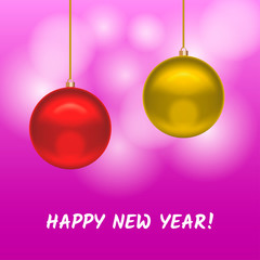 Greeting card with Yellow and Red Christmas decorative balls. Vector illustration. Suitable for poatcard, banners, gretting cards.