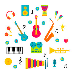 Set of music instruments on white background. Vector illustration in flat style