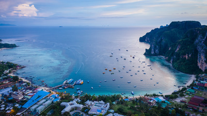 passenger terminals shipping on phi phi island kra bi Thailand aerial top view evening time - obrazy, fototapety, plakaty