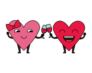 hearts love couple with wine cups kawaii characters