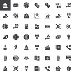 Money exchange vector icons set, modern solid symbol collection, filled style pictogram pack. Signs, logo illustration. Set includes icons as Bank, Credit card, Dollar and Euro currency exchange rate